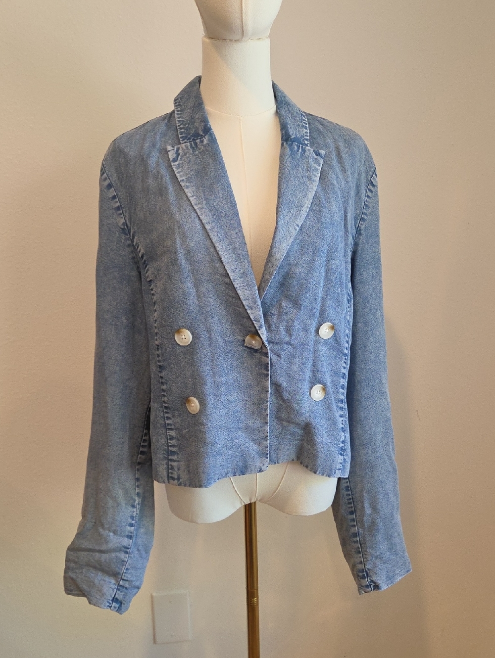 Anthropologie Light Blue Denim Cropped Double-Breasted Blazer